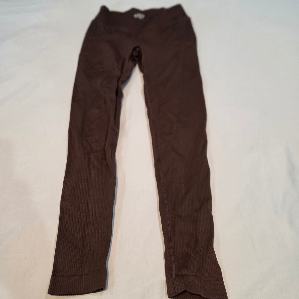 OQQ Ribbed Leggings Womens Small Brown Excellent Crossover Waist Yoga Pants